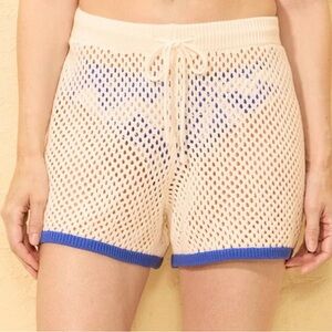 Cream Crochet Shorts with Blue Trim